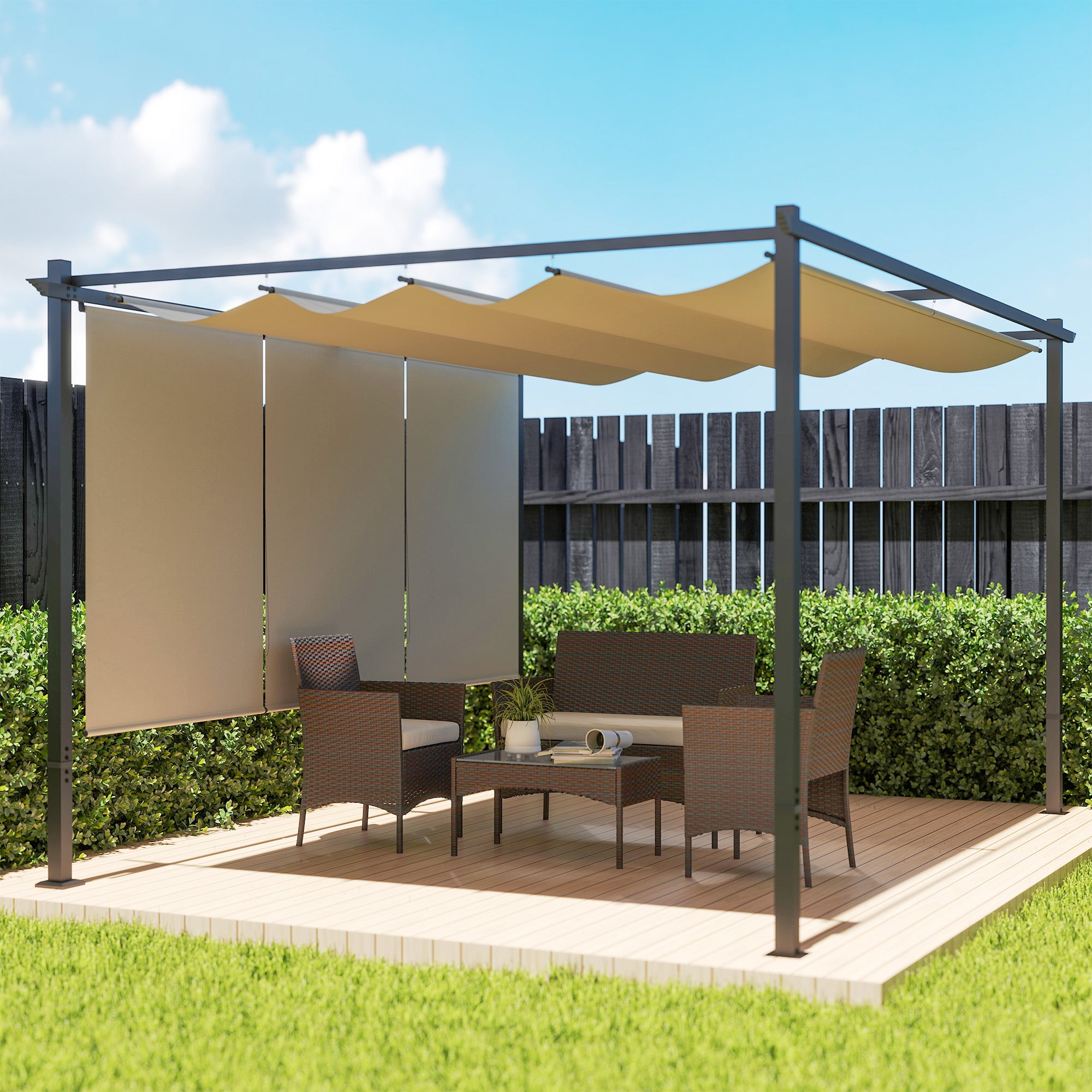 Outsunny 3 x 4m Metal Pergola with Retractable Roof and Roller Shade, Wall-Mounted or Free Standing Garden Gazebo Canopy Pergola Kit, UPF30+ Outdoor Sun Shade Shelter, Beige