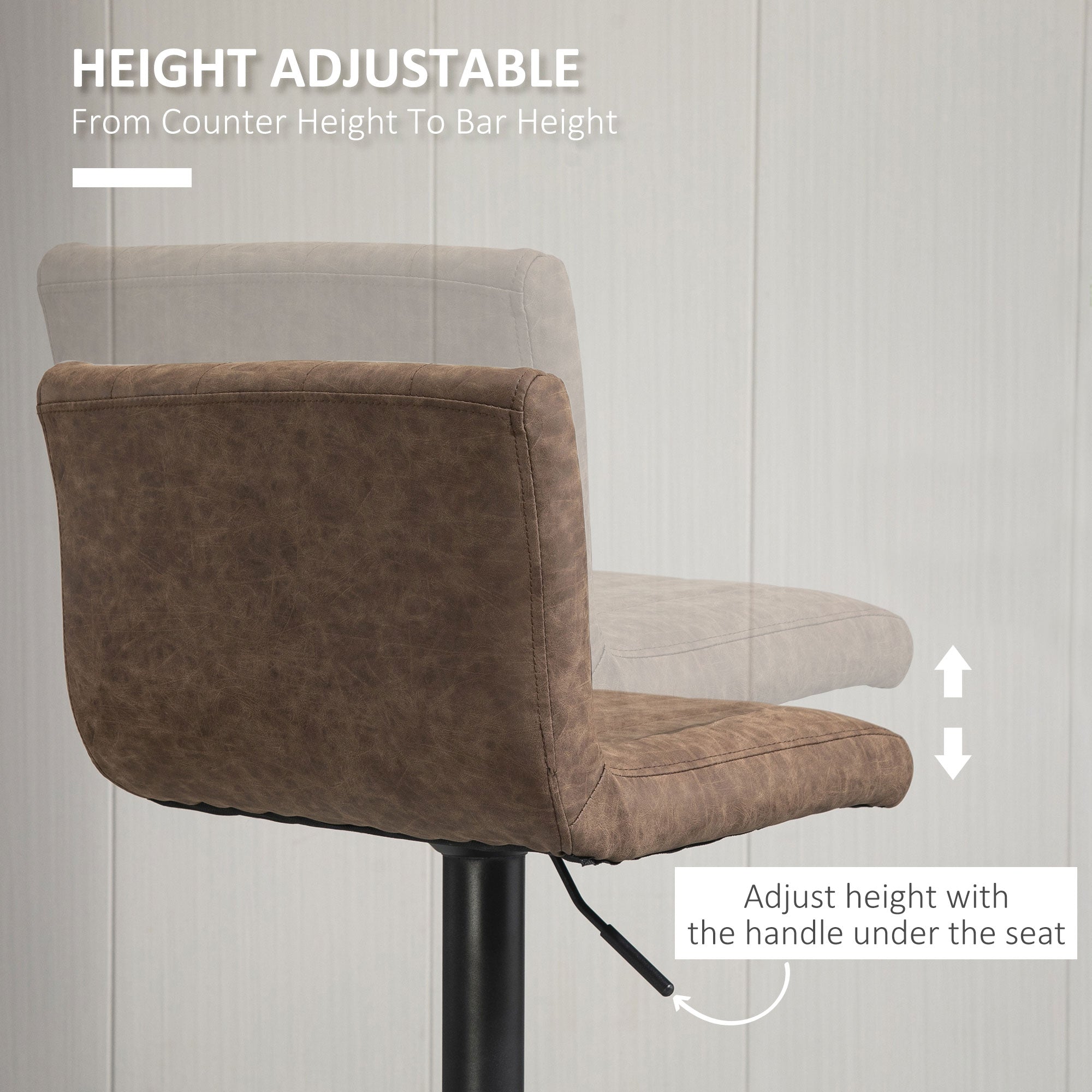 HOMCOM Adjustable Barstools Set of 2, Swivel Counter Bar Chairs, Bar Stools with Footrest, PU Leather, Gas Lift, Brown