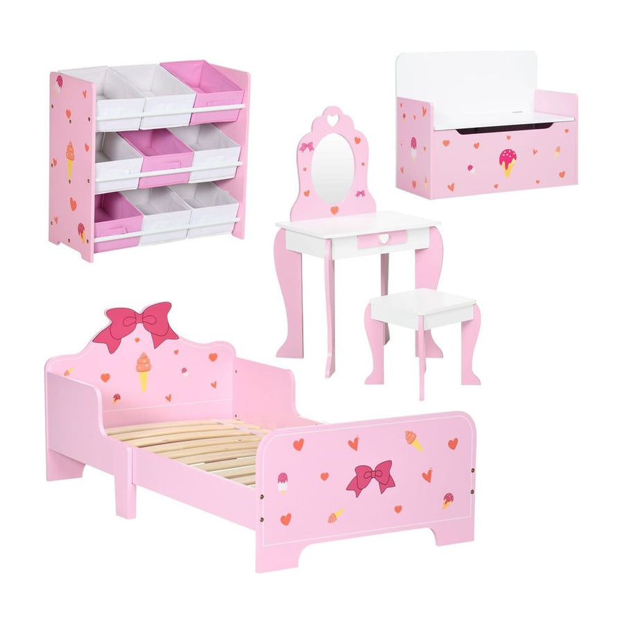 ZONEKIZ 5PCs Kids Bedroom Furniture Set with Bed, Toy Box Bench, Storage Unit, Dressing Table and Stool, Princess Themed, for