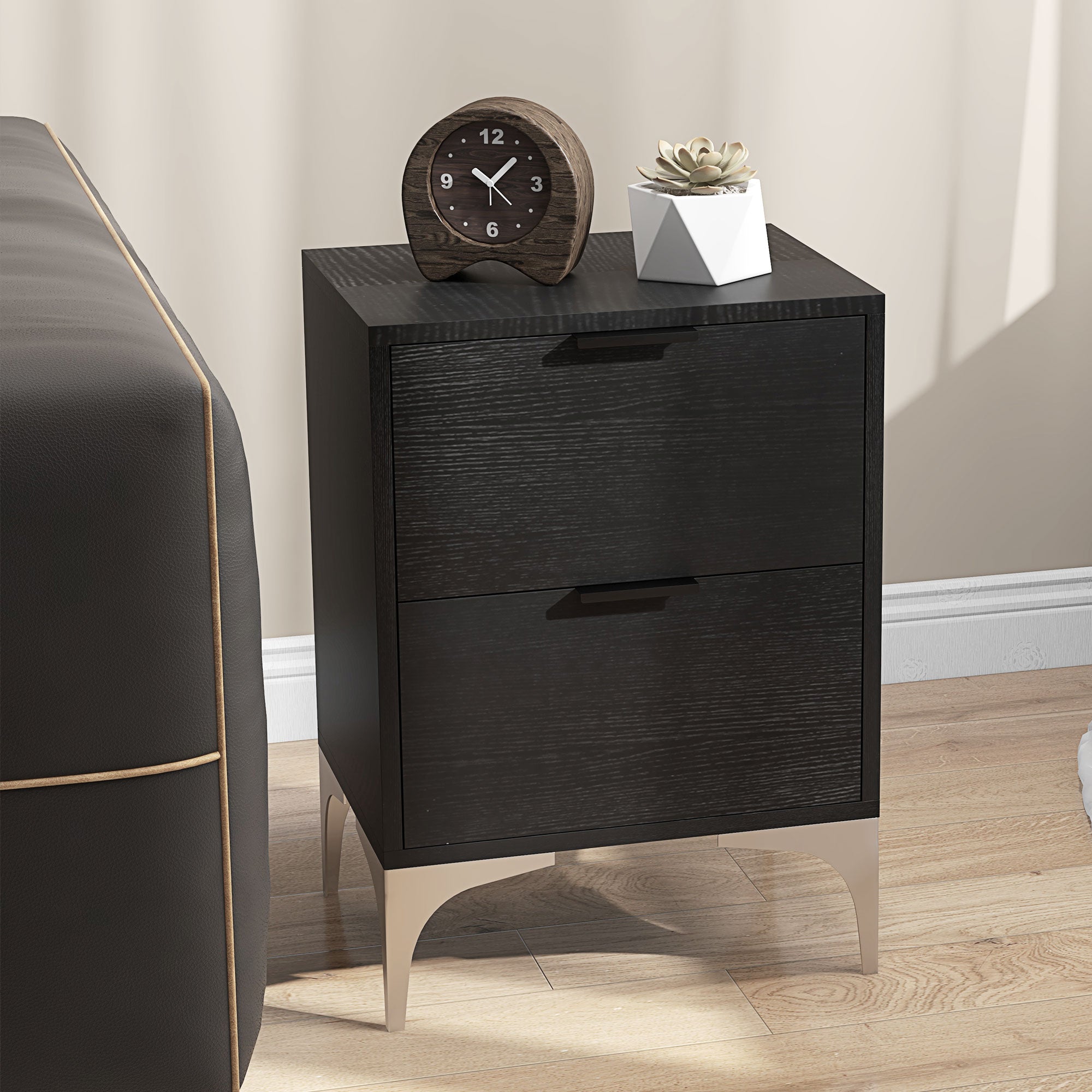 HOMCOM Set of Two Wood Effect Bedside Tables with Silver Tone Steel Base, Black