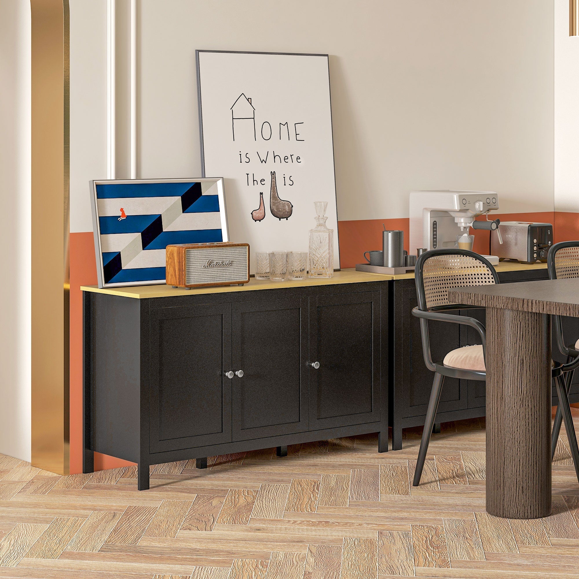 HOMCOM Sideboard, Buffet Cabinet with Doors and Adjustable Shelves for Living Room, Entryway, Black and Natural