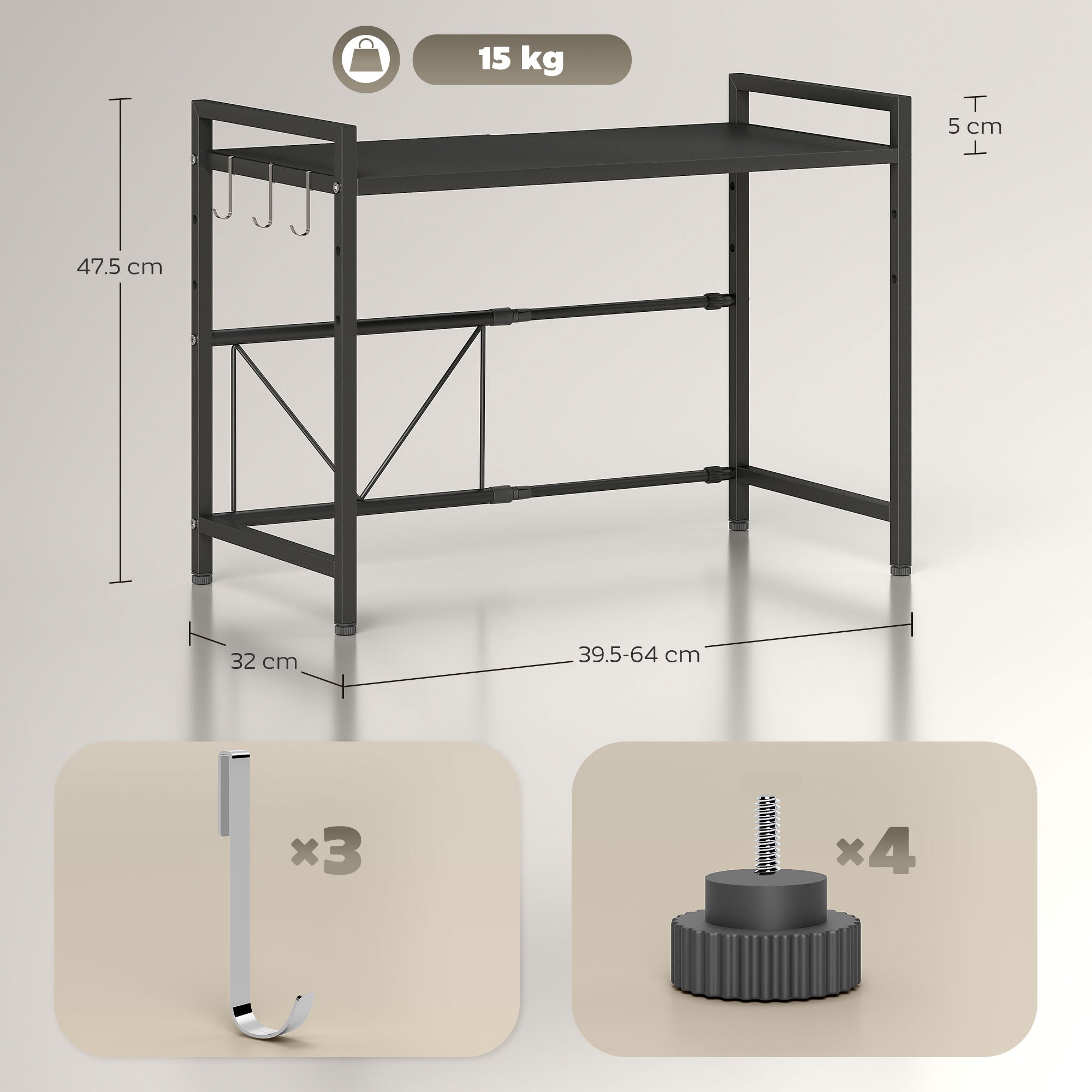 HOMCOM Expandable Microwave Oven Rack with 3 Hooks - Black