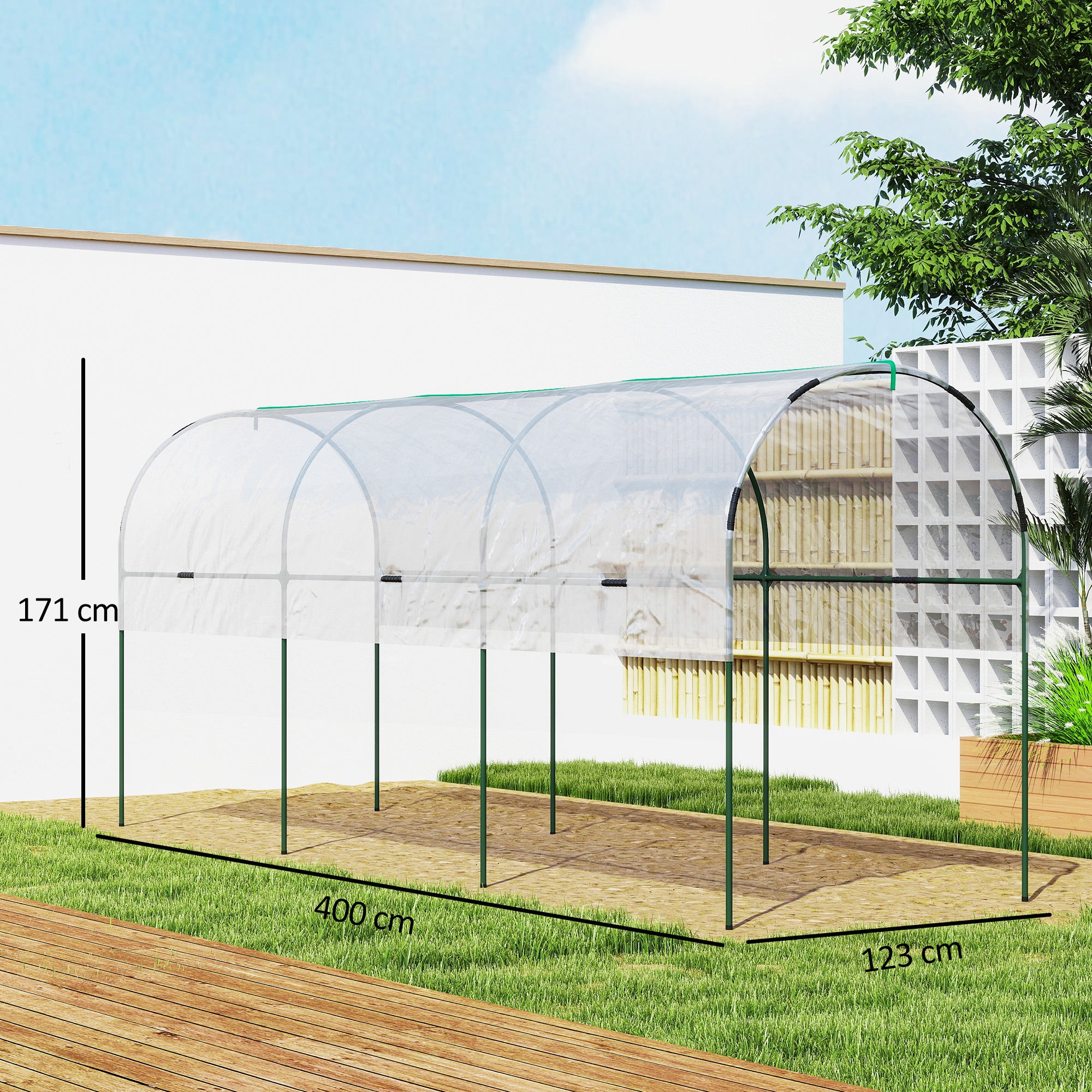 Outsunny Tunnel Tomato Greenhouse with 4 Hoops and Top Tap, Pointed Bottom and Guy Ropes, 400 x 123 x 171 cm, Clear