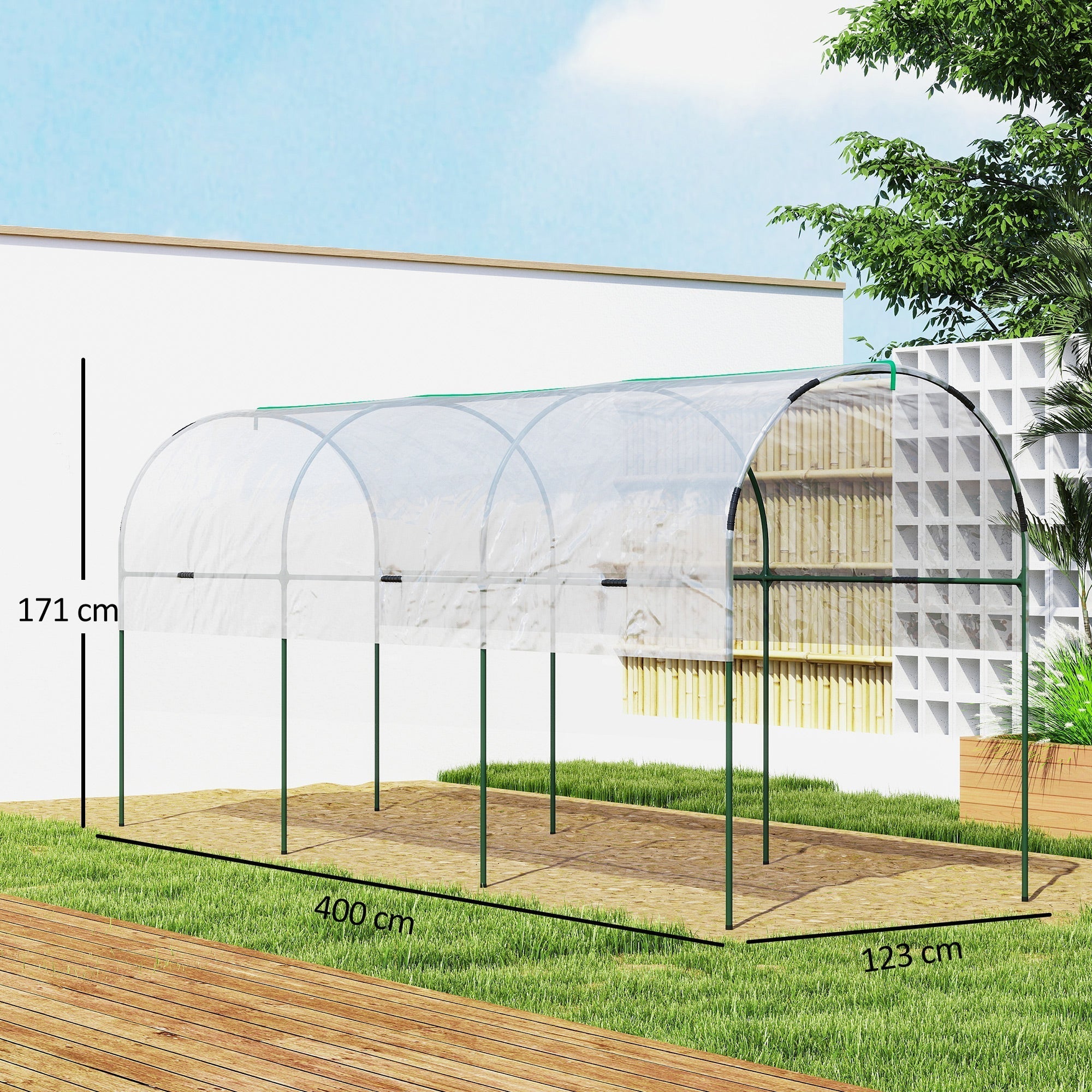Outsunny Tunnel Tomato Greenhouse with 4 Hoops and Top Tap, Pointed Bottom and Guy Ropes, 400 x 123 x 171 cm, Clear