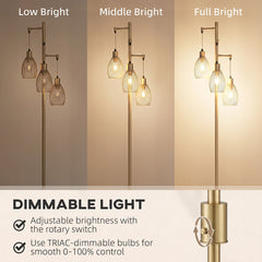 HOMCOM 170.5cm Industrial Dimmable Standing Lamp, 3-Light Floor Lamp with Steel Wire Cage Lampshades, Gold Tone