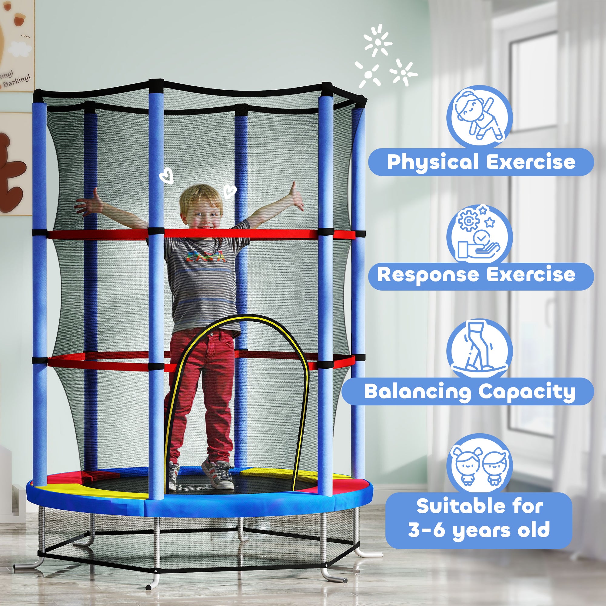 HOMCOM Kids Trampoline, with Enclosure Net, Steel Frame, for Ages 3-6 Years - MultiColoured