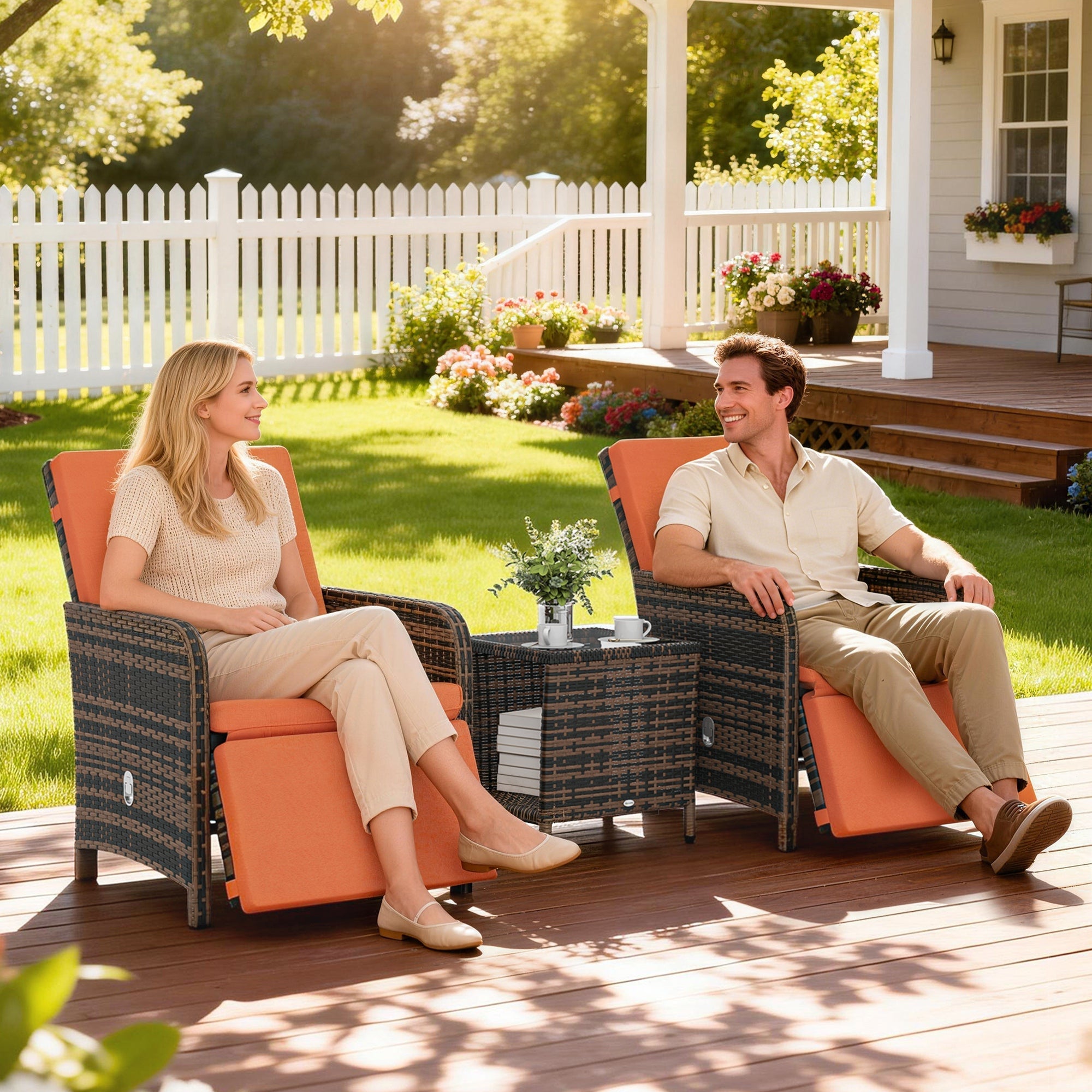 Outsunny 3 Pieces Rattan Bistro Set Balcony Furniture with Cushions, Storage Function - Orange