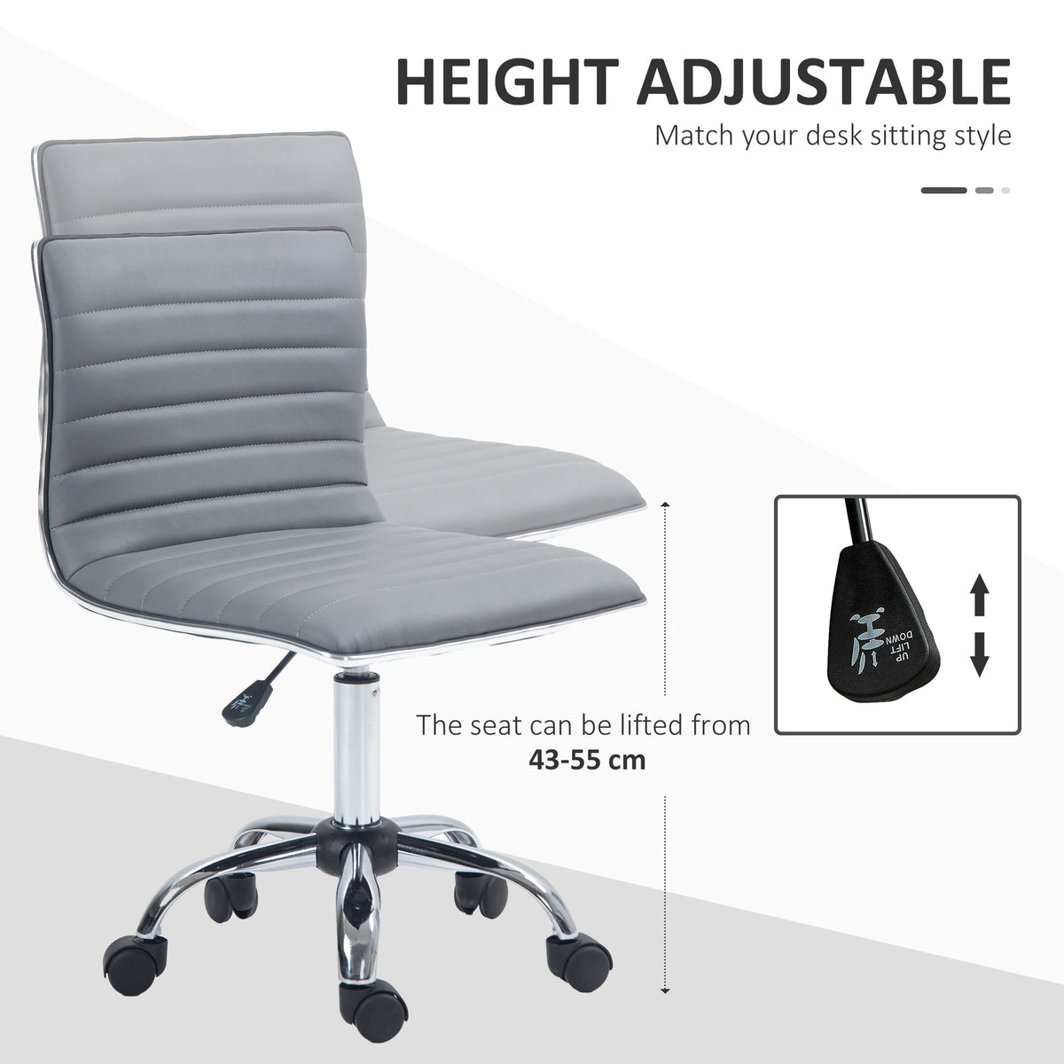 HOMCOM Armless Task Desk Chair, Swivel Office Chair with Faux Leather, Adjustable Seat Height, Chrome Base, Wheels for Home, Light Grey