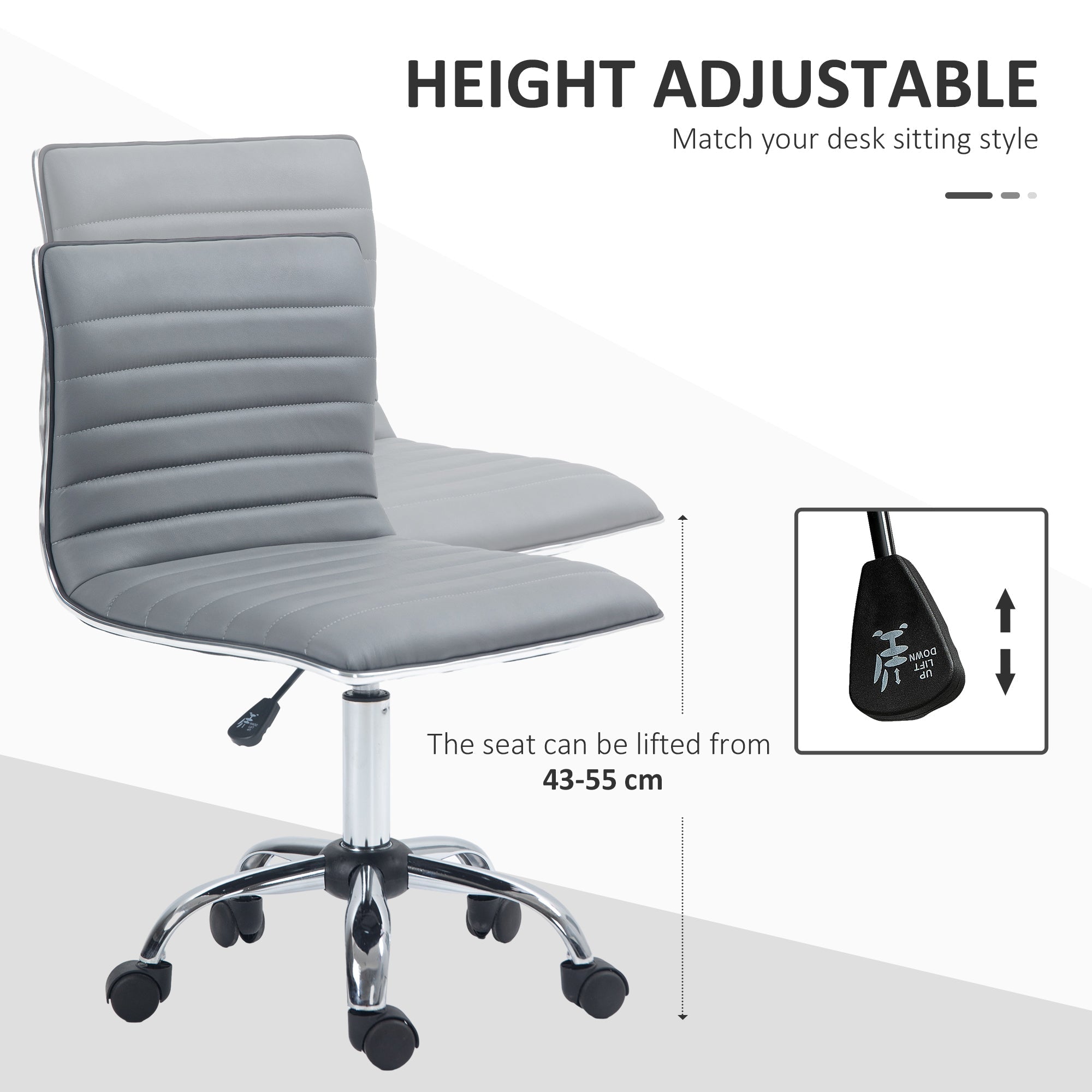 HOMCOM Armless Task Desk Chair, Swivel Office Chair with Faux Leather, Adjustable Seat Height, Chrome Base, Wheels for Home, Light Grey