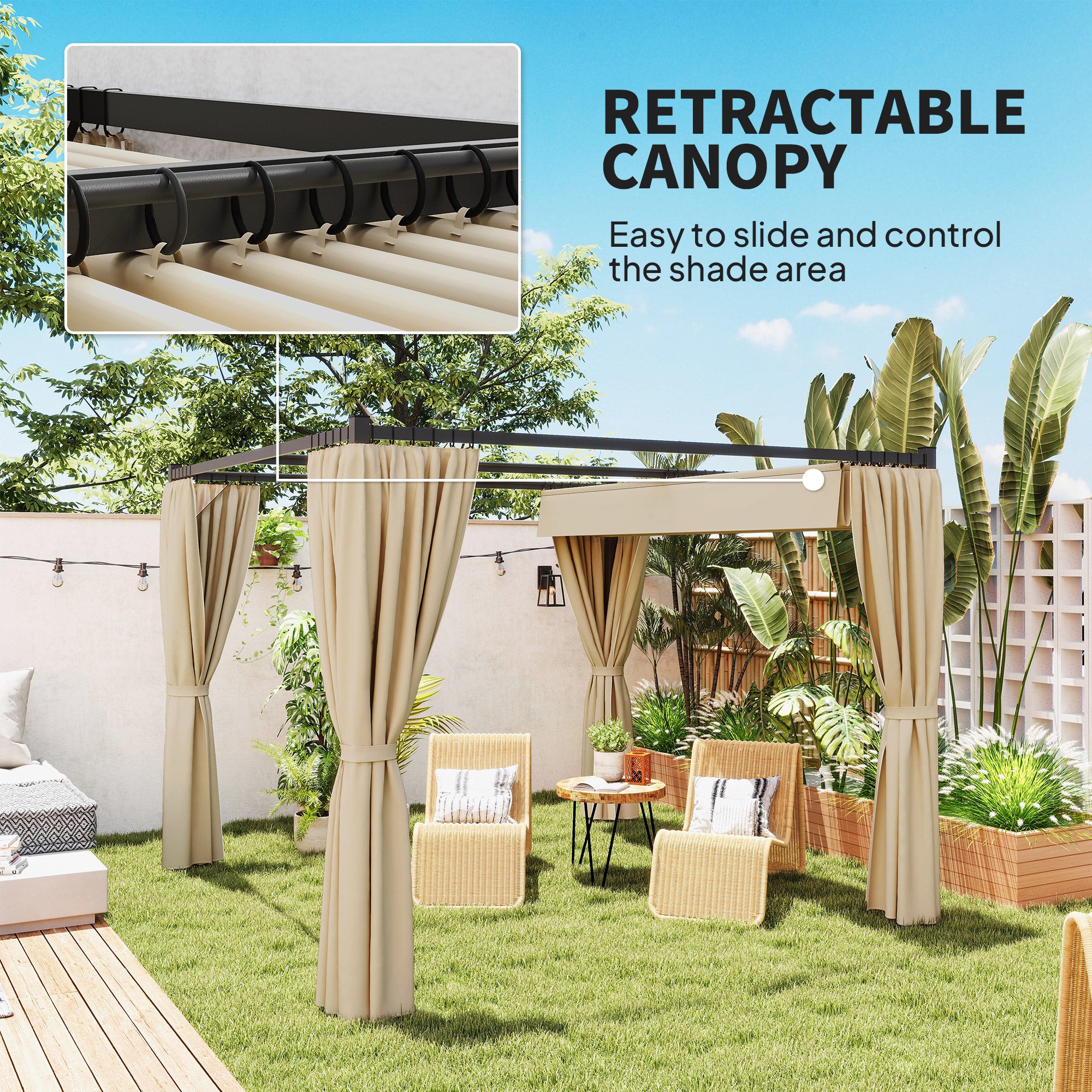 Outsunny 3 x 3(m) Retractable Pergola, Garden Gazebo Shelter with Curtains, for Grill, Patio, Deck, Beige