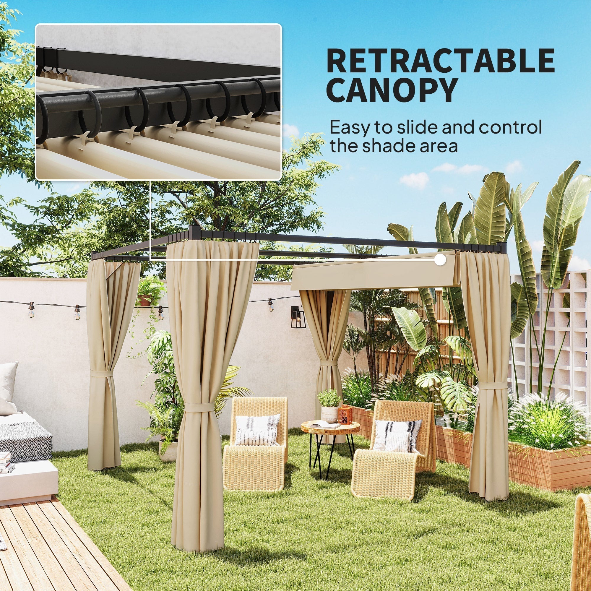 Outsunny 3 x 3(m) Retractable Pergola, Garden Gazebo Shelter with Curtains, for Grill, Patio, Deck, Beige