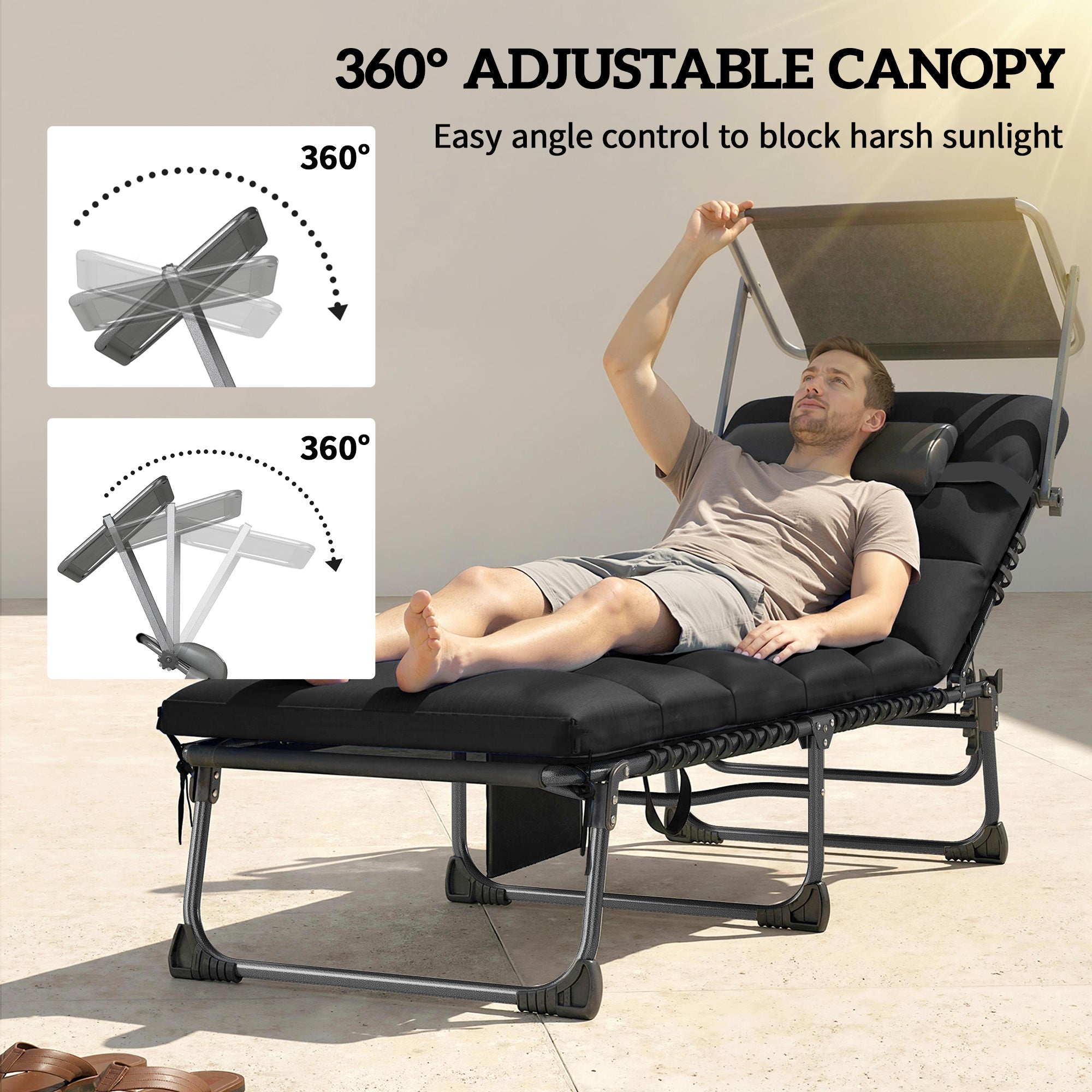 Outsunny Folding Sun Loungers Set of 2 with Canopy, Reclining Sunbed with Cushion, Side Pocket, Carrying Handle, Black