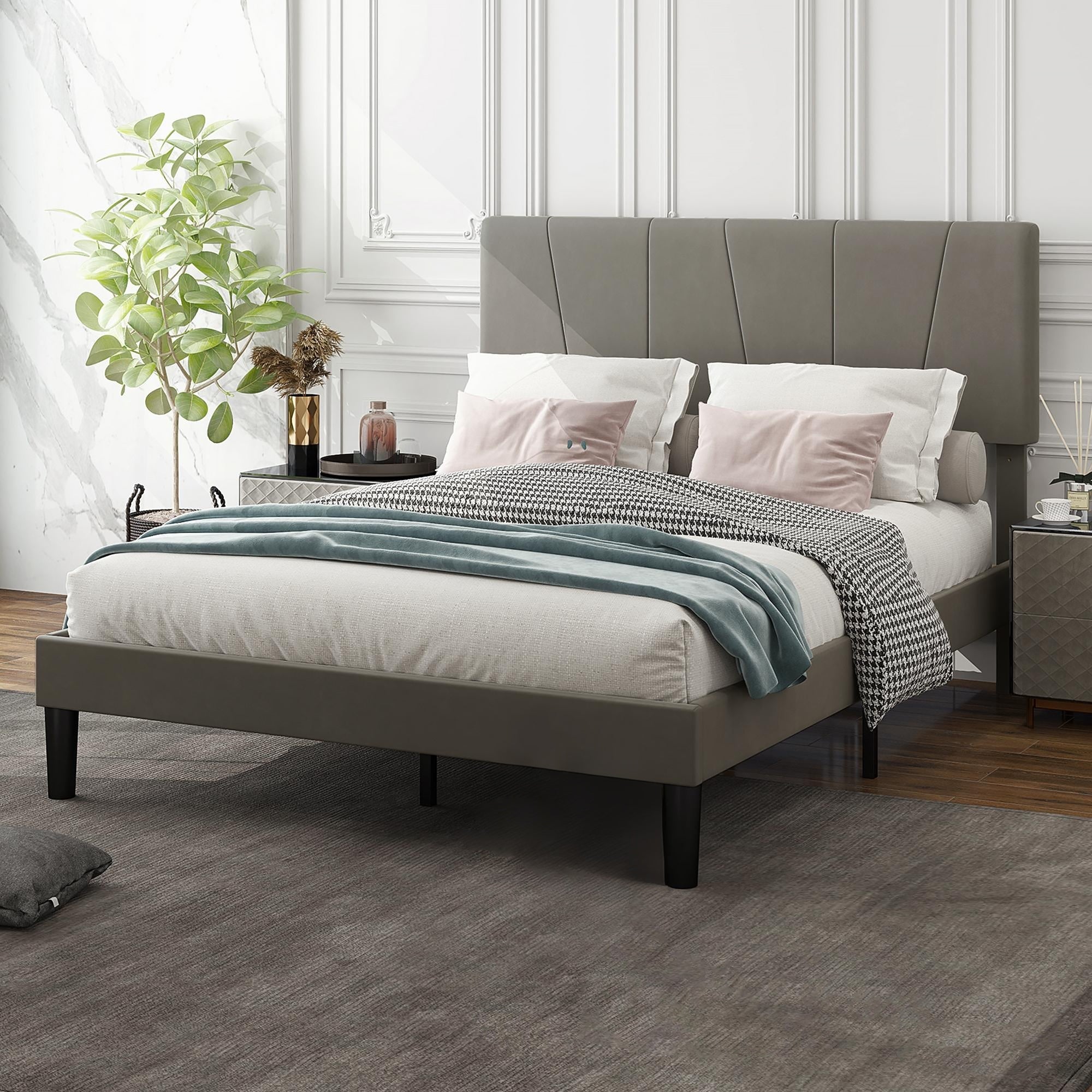 HOMCOM Double Bed Frame, with Velvet-Feel Headboard - Grey