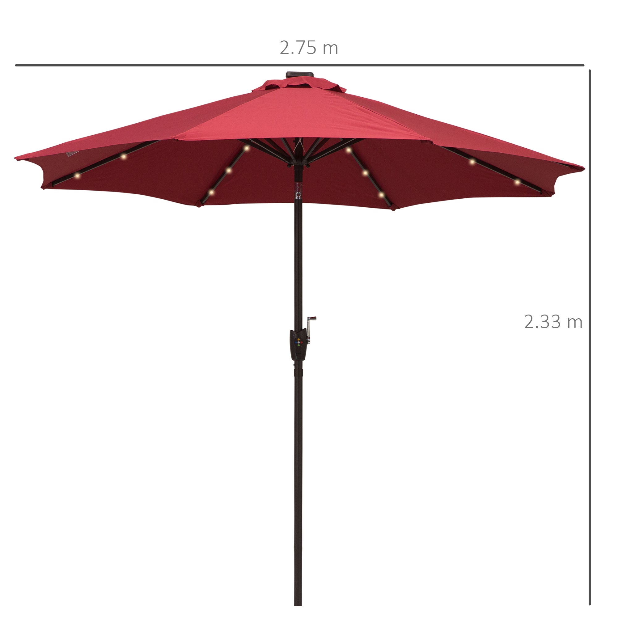 Outsunny 2.7m Garden 24 LED Light Parasol Solar Outdoor Tilt Sun Umbrella Patio Club Party Event Manual Sun Shade w/ Hand Crank and 8 Ribs, Red