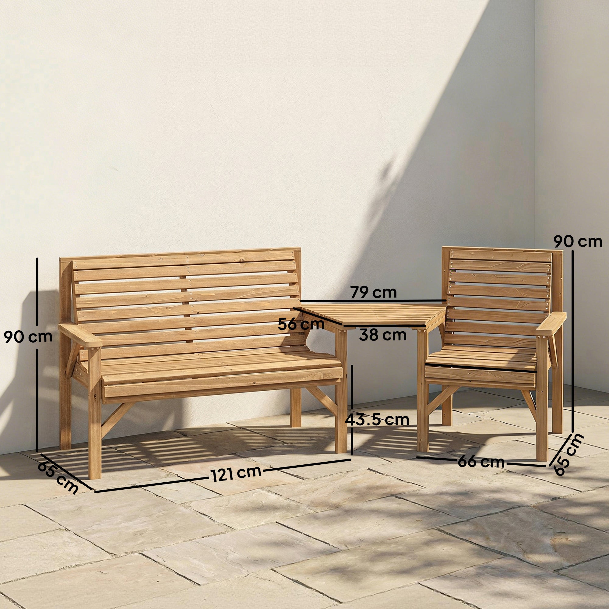 Outsunny Wooden Garden Furniture Set , 1 Chair, 1 Bench and Detachable Table, Natural Wood Finish