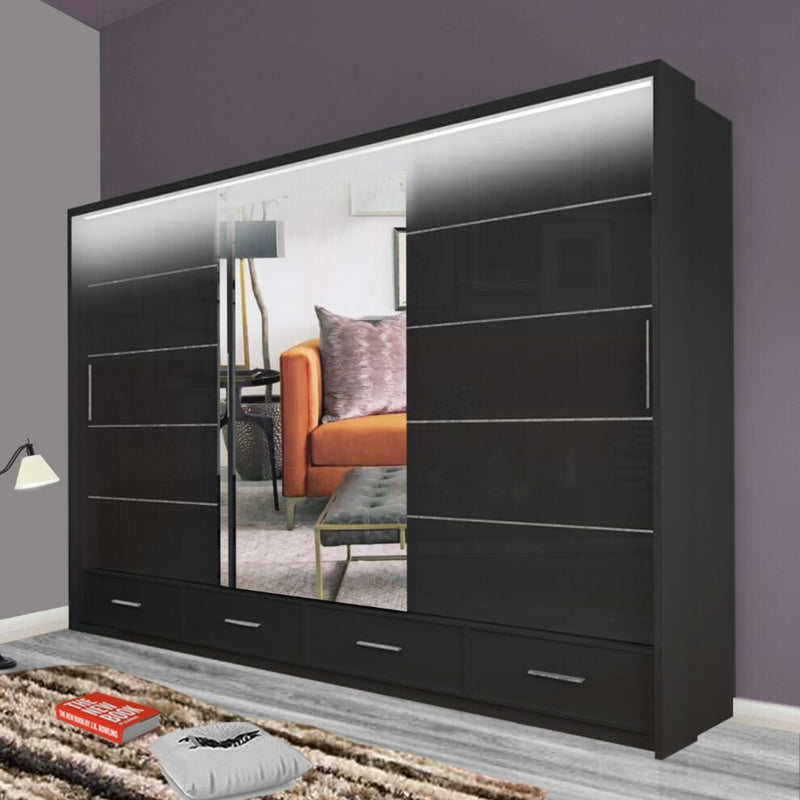 Cecilia Large High Gloss Black Sliding Wardrobe 255cm