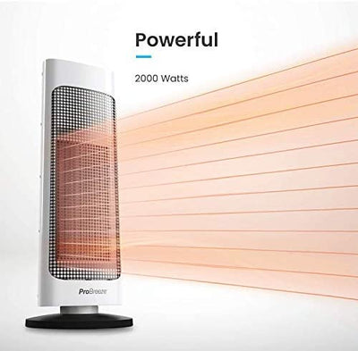 Pro Breeze® 2000W Ceramic Tower Fan Heater with Automatic Oscillation, Built-in Thermostat & 2 Heat Settings