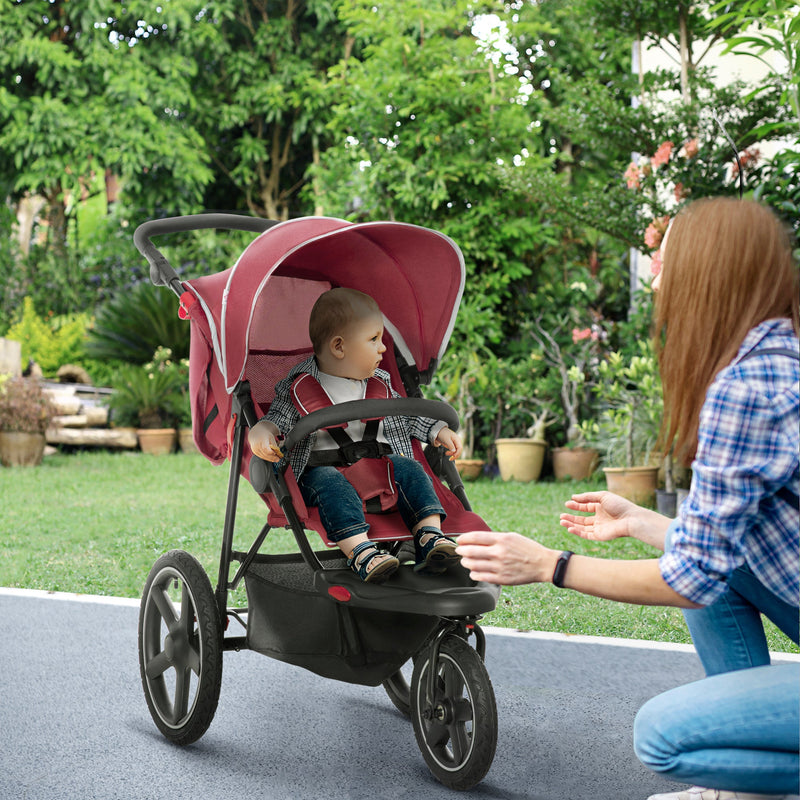 HOMCOM Foldable Three-Wheeler Baby Stroller w/ Canopy, Storage Basket - Red