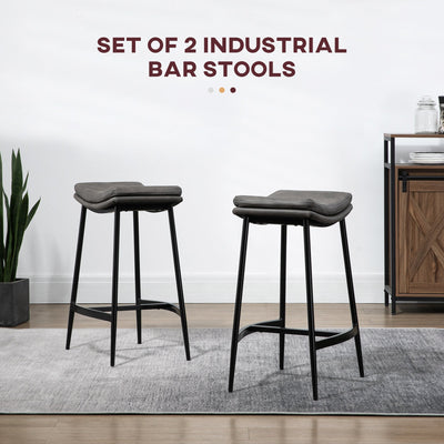 HOMCOM Breakfast Bar Stools Set of 2, Microfibre Upholstered Barstools, Industrial Bar Chairs with Curved Seat and Steel Frame for Dining Room, Kitchen, Grey