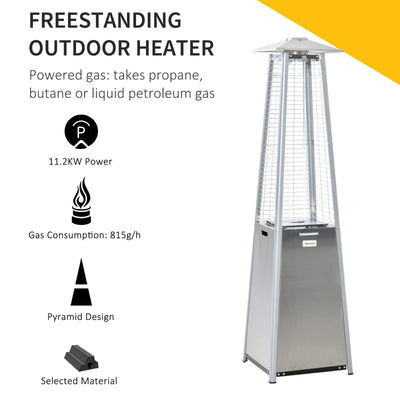 Outsunny 11.2KW Outdoor Patio Gas Heater, Pyramid Propane Tower With Wheels, Dust Cover, Regulator Hose, Silver