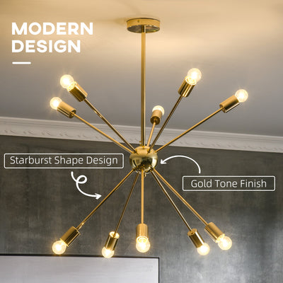 HOMCOM Modern Sputnik Ceiling Lights, 10-Light Chandelier for Bedroom Living Room with E27 Base, 65x65x78.5cm, Gold Tone