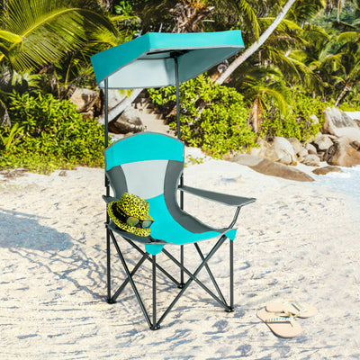 Folding Camping Chair with Canopy & Cup Holder-Turquoise