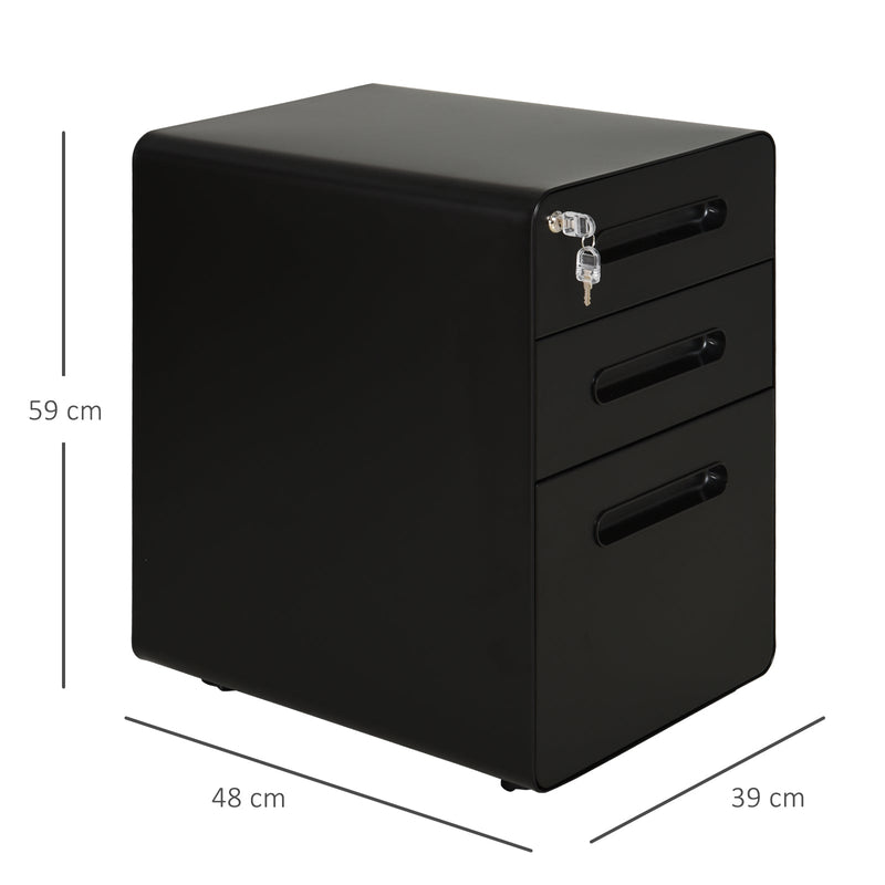 Steel 3-Drawer Curved Filing Cabinet Mobile File Cabinet, Lock Black