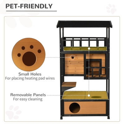 Casa de madera para gatos PawHut de 3 niveles para el refugio de invierno para gatitos con terraza con techo inclinado, escalón para saltar, bandeja inferior, base elevada, color amarillo