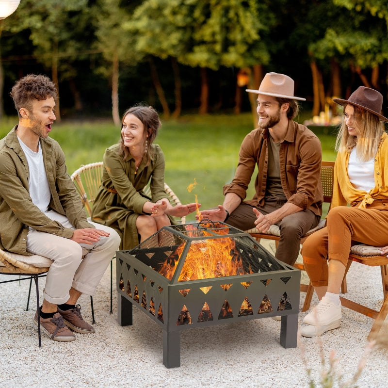 66cm Outdoor Fire Pit With Screen Cover, Black