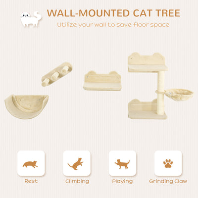 PawHut 4PCs Wall-mounted Cats Shelves, Cat Climbing Shelf Set, Kitten Activity Center with Hammock Nest Scratching Post Jumping Platform, Beige