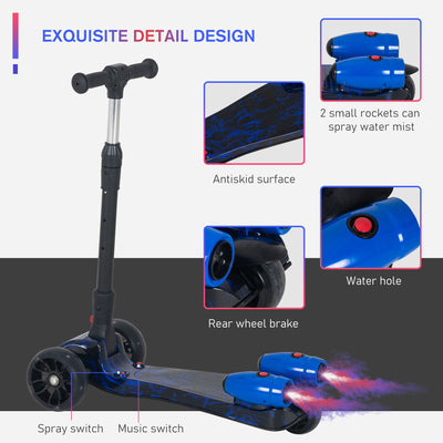 HOMCOM Kids 3 Wheel Kick Scooter Adjustable Height w/ Flashing Wheels Music Water Spray Foldable Design Cool On Off Road Vehicle Blue