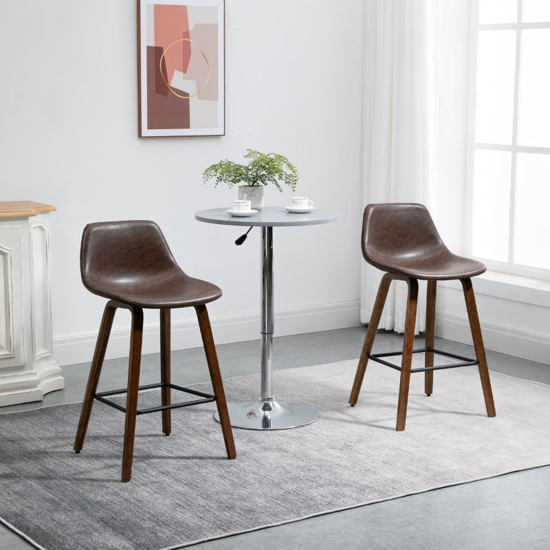 Counter Height Bar Stools Set Of 2 Mid-Back PU With Wood Legs - Brown