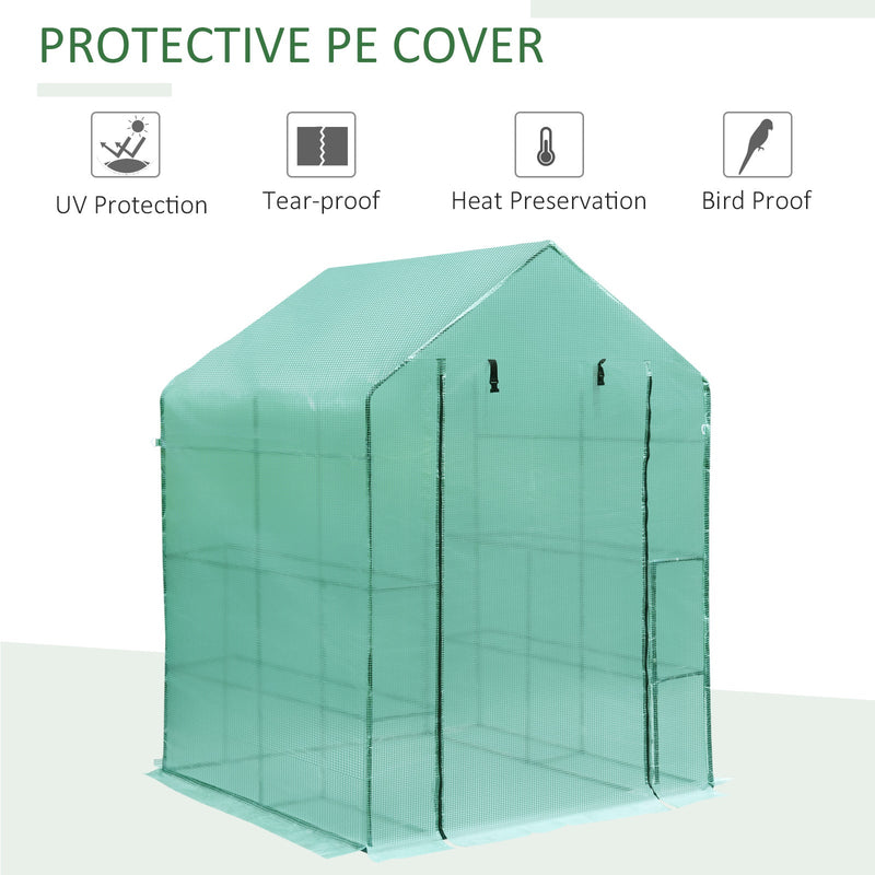 Outsunny Walk in Garden Greenhouse with Shelves Polytunnel Steeple Green house Grow House Removable Cover 143x143x195cm, Green