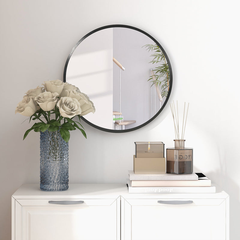 kleankin Round Bathroom Mirror, Modern Wall-mounted Makeup Mirror with Aluminium Frame for Washroom Living Room, Black, 40x40 cm