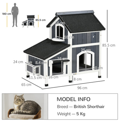 Casa para gatos de madera para exteriores PawHut con maceta, ventanas, varias entradas y techo resistente al agua, color gris