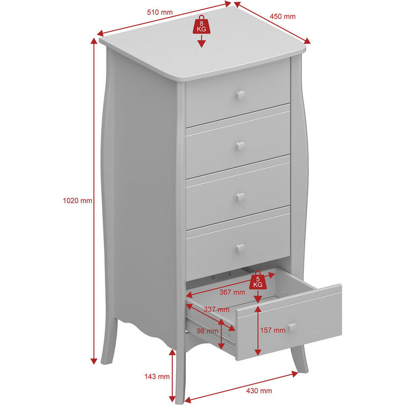 Boutique White 5 Drawer Narrow Chest