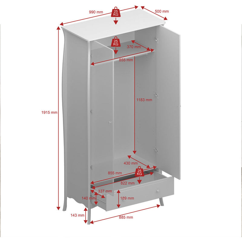 Boutique Grey 2 Door 1 Drawer Wardrobe