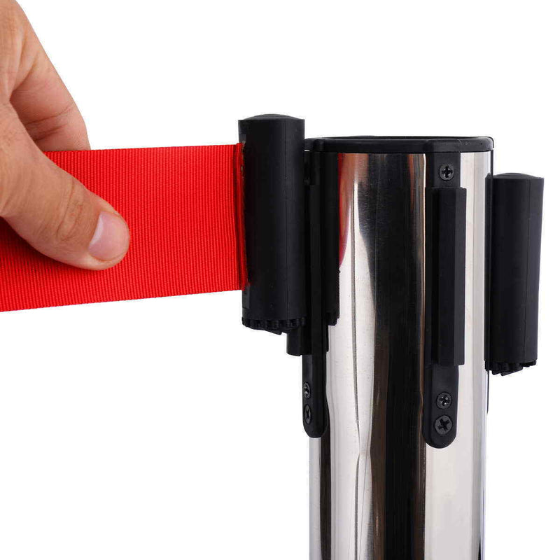 6 Red Retractable Queue Belt Barrier Polished Stainless Stand