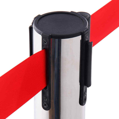 6 Red Retractable Queue Belt Barrier Polished Stainless Stand