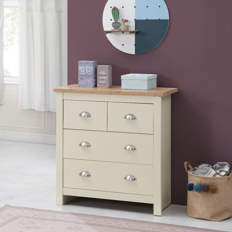 Lisbon 2 Piece Bedroom Set: 2 drawer bedside table / nightstand + 4 drawer chest of drawers in cream & oak