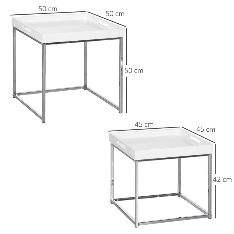 HOMCOM Modern Coffee Table Set of 2, Square Nest of Tables with Steel Frame and High Gloss Effect for Living Room, White