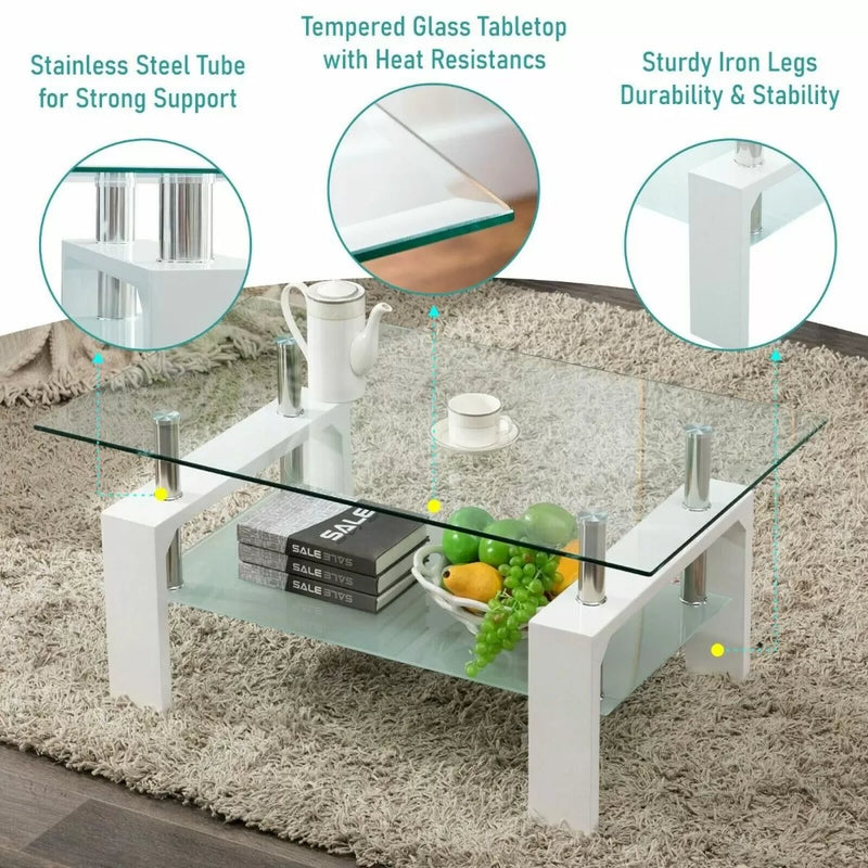 Mesa de centro rectangular de diseño moderno de 2 niveles en vidrio - 3 colores 