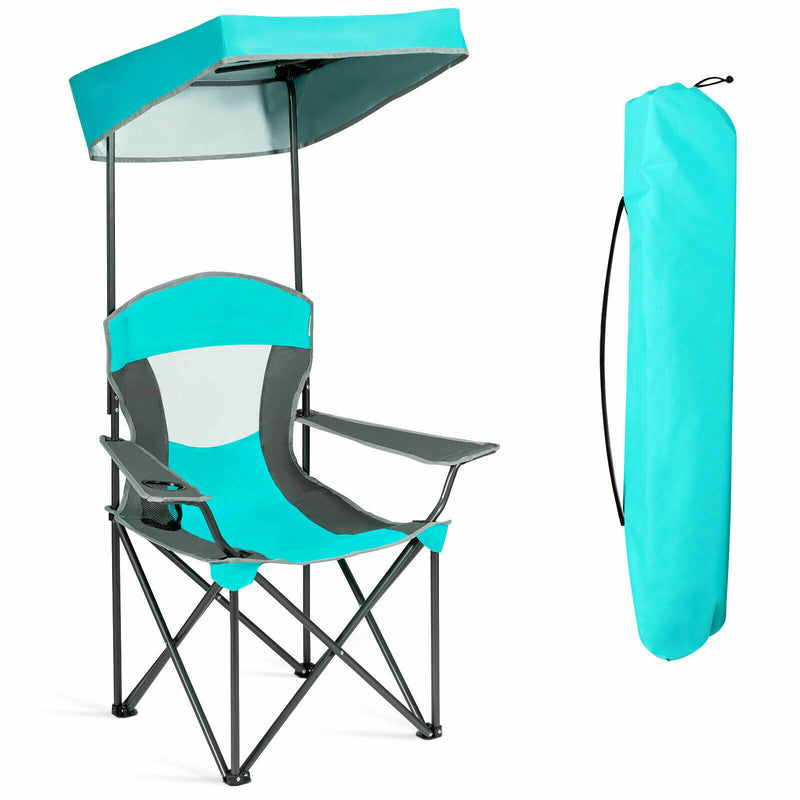 Folding Camping Chair with Canopy & Cup Holder-Turquoise