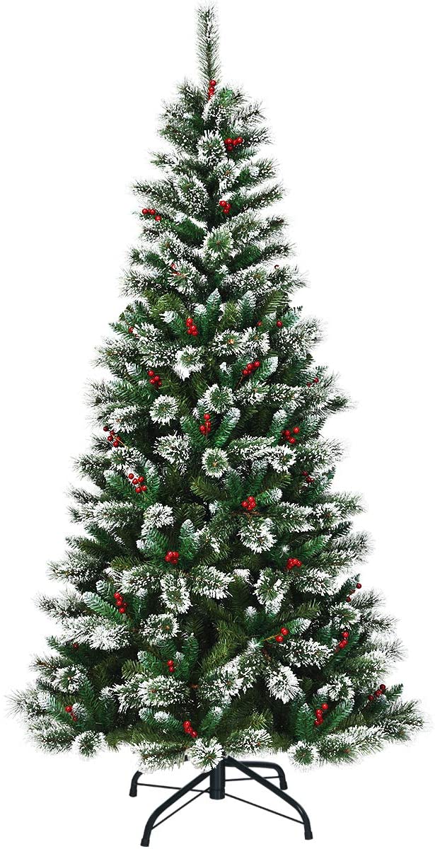 Snow Flocked Christmas Tree with Red Berries and Metal Base-7FT