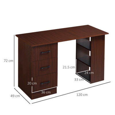 Computer Desk, PC Table, Workstation W/ 3 Shelf And Drawers, 120W x 49D x 72H cm - Walnut