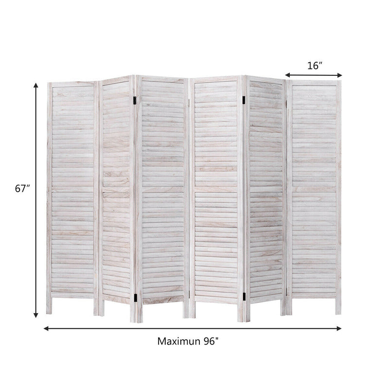 6-Panel Folding Hinged Wooden Room Divider-White