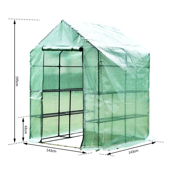 143x143x195 Cm Walk In Greenhouse W/ Shelves - Dark