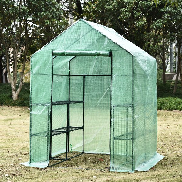 143x143x195 Cm Walk In Greenhouse W/ Shelves - Dark