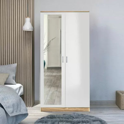 2 Door Wardrobe With Mirror With Large Cupboard Storage - 3 Colours