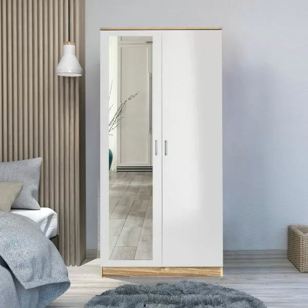 2 Door Wardrobe With Mirror With Large Cupboard Storage - 3 Colours